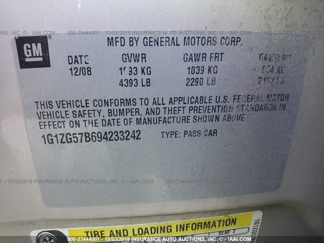 1G1ZG57B694233242 - 2009 CHEVROLET MALIBU LS ოქროსფერი ფოტო 9