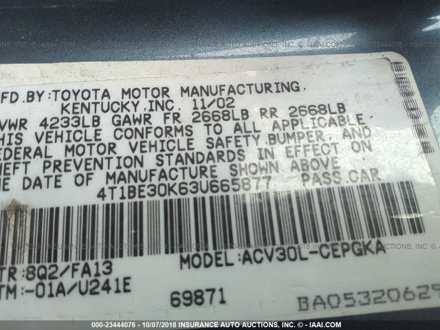 4T1BE30K63U665877 - 2003 TOYOTA CAMRY LE/XLE/SE Light Blue photo 9