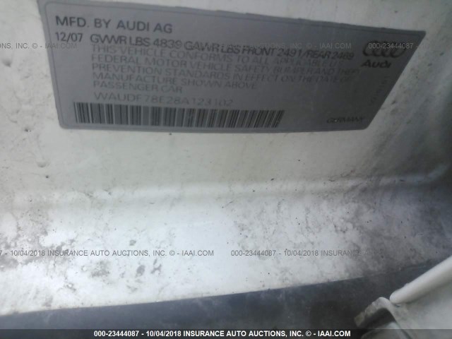 WAUDF78E28A123102 - 2008 AUDI A4 2.0T QUATTRO WHITE photo 9