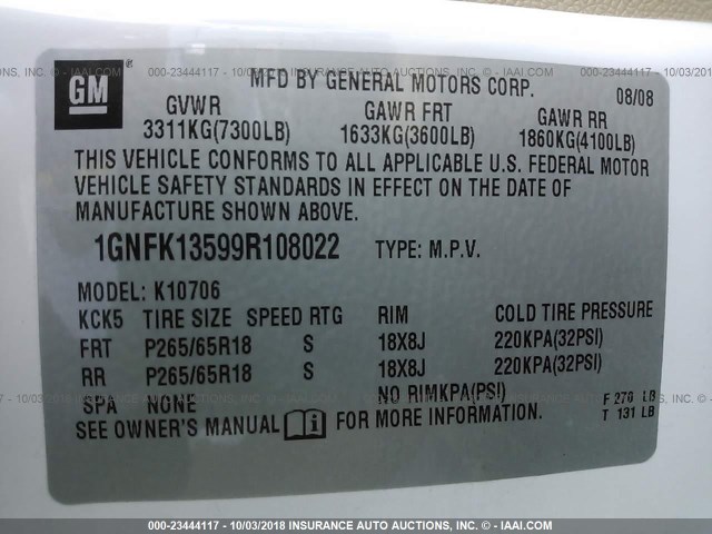 1GNFK13599R108022 - 2009 CHEVROLET TAHOE HYBRID WHITE photo 9