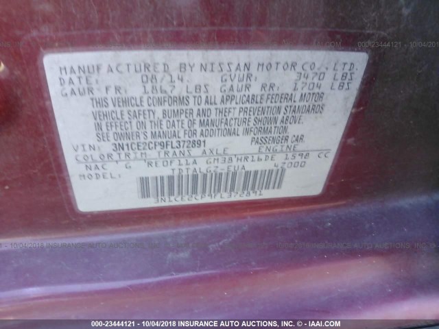 3N1CE2CP9FL372891 - 2015 NISSAN VERSA NOTE S/S PLUS/SV/SL/SR RED photo 9