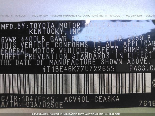 4T1BE46K77U722655 - 2007 TOYOTA CAMRY NEW GENERAT CE/LE/XLE/SE SILVER photo 9