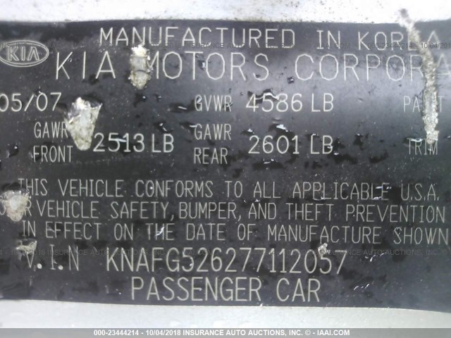 KNAFG526277112057 - 2007 KIA RONDO LX/EX SILVER photo 9