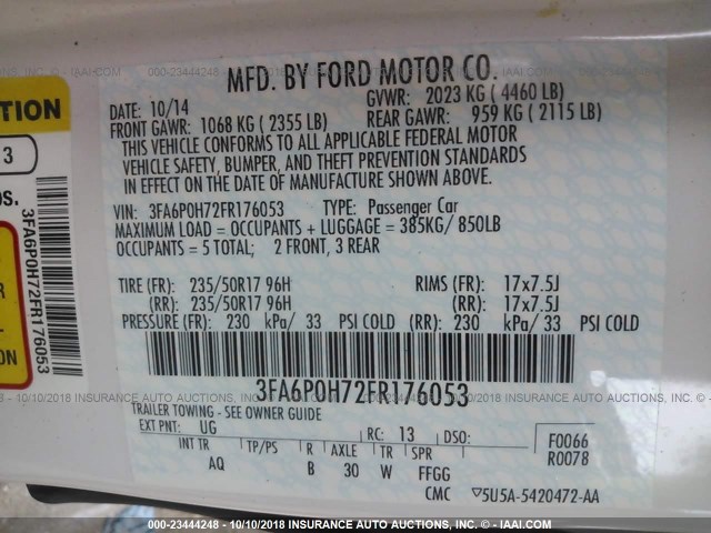 3FA6P0H72FR176053 - 2015 FORD FUSION SE WHITE photo 9