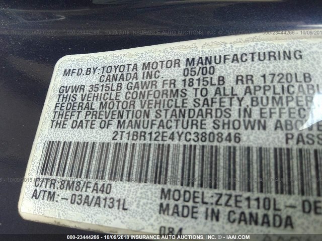 2T1BR12E4YC380846 - 2000 TOYOTA COROLLA VE/CE/LE 蓝色 照片 9