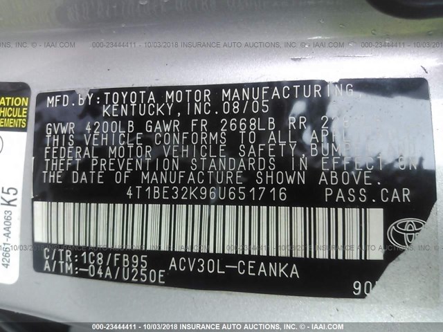 4T1BE32K96U651716 - 2006 TOYOTA CAMRY LE/XLE/SE Gümüş foto 9