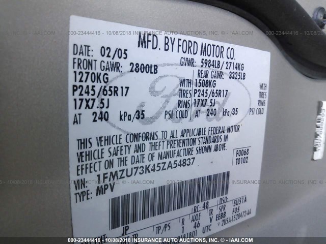 1FMZU73K45ZA54837 - 2005 FORD EXPLORER XLT/XLT SPORT/NBX 银色 照片 9