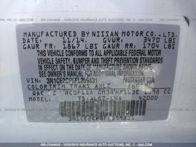 3N1CE2CP5FL399831 - 2015 NISSAN VERSA NOTE S/S PLUS/SV/SL/SR WHITE photo 9