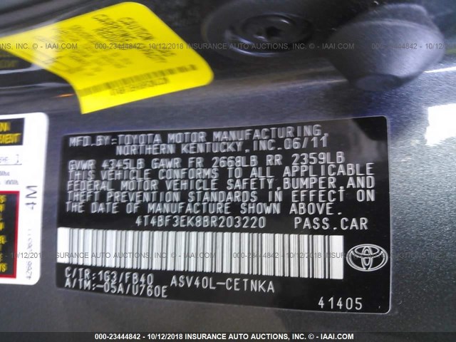 4T4BF3EK8BR203220 - 2011 TOYOTA CAMRY SE/LE/XLE BLACK photo 9