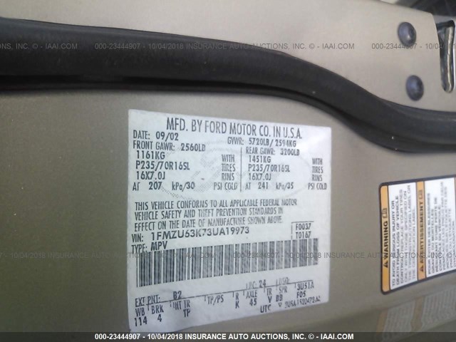 1FMZU63K73UA19973 - 2003 FORD EXPLORER XLT/XLT SPORT/NBX 金色 照片 9