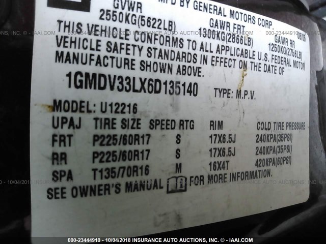 1GMDV33LX6D135140 - 2006 PONTIAC MONTANA SV6 BURGUNDY photo 9