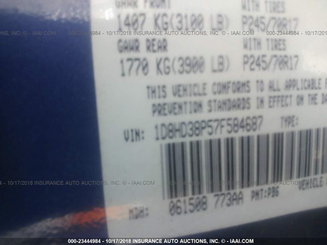 1D8HD38P57F584687 - 2007 DODGE DURANGO SXT BLUE photo 9