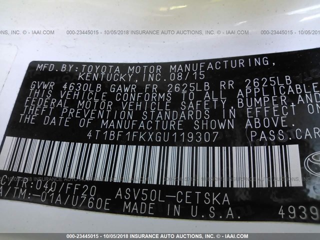 4T1BF1FKXGU119307 - 2016 TOYOTA CAMRY LE/XLE/SE/XSE WHITE photo 9