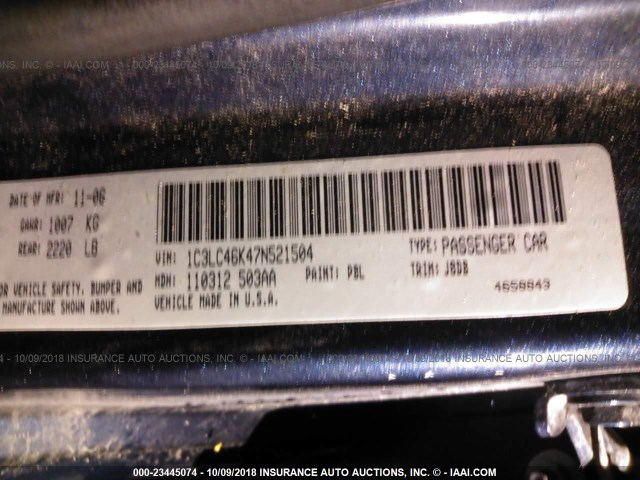 1C3LC46K47N521504 - 2007 CHRYSLER SEBRING BLUE photo 9