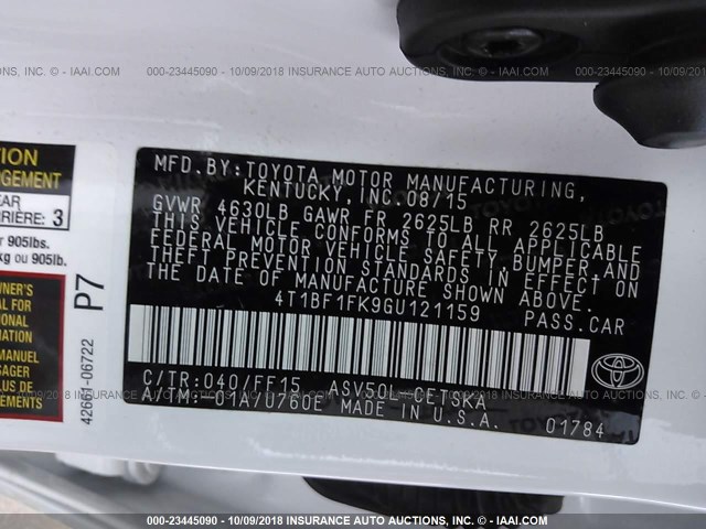 4T1BF1FK9GU121159 - 2016 TOYOTA CAMRY LE/XLE/SE/XSE 白色 照片 9