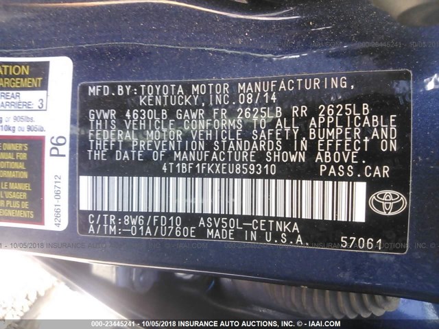 4T1BF1FKXEU859310 - 2014 TOYOTA CAMRY L/SE/LE/XLE 蓝色 照片 9