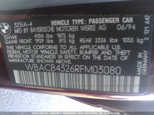 WBACB4326RFM03080 - 1994 BMW 325 I AUTOMATIC BURGUNDY photo 9