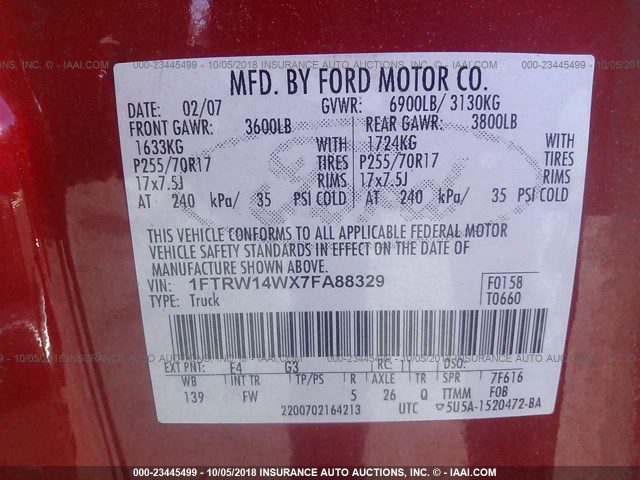 1FTRW14WX7FA88329 - 2007 FORD F150 SUPERCREW RED photo 9