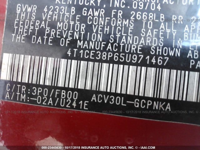 4T1CE38P65U971467 - 2005 TOYOTA CAMRY SOLARA SE/SLE Qırmızı foto 9