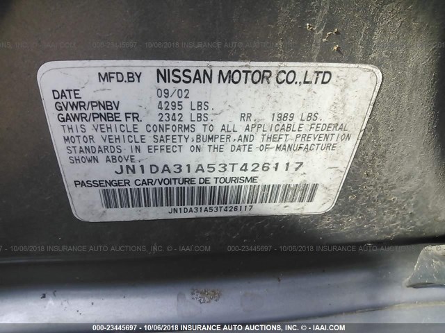 JN1DA31A53T426117 - 2003 NISSAN MAXIMA GLE/SE GRAY photo 9