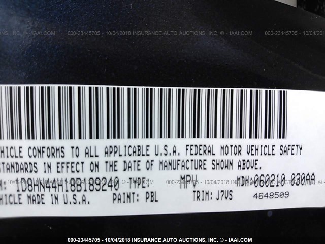 1D8HN44H18B189240 - 2008 DODGE GRAND CARAVAN SE BLACK photo 9