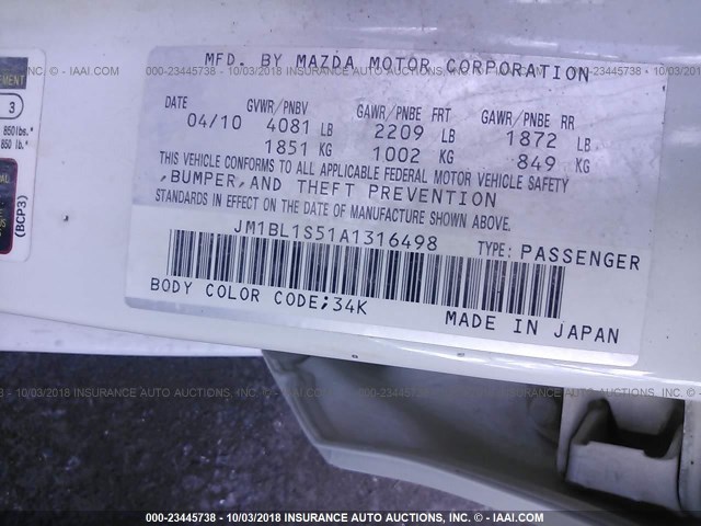 JM1BL1S51A1316498 - 2010 MAZDA 3 S WHITE photo 9