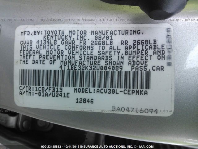 4T1BE32K32U004089 - 2002 TOYOTA CAMRY LE/XLE/SE SILVER photo 9