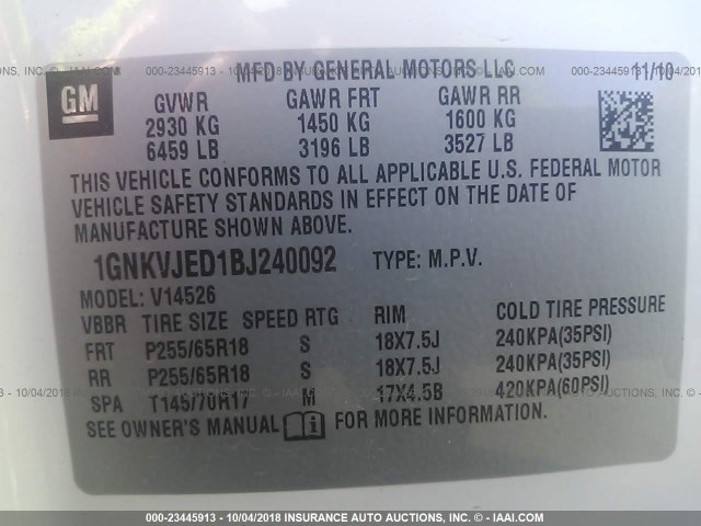 1GNKVJED1BJ240092 - 2011 CHEVROLET TRAVERSE LT WHITE photo 9