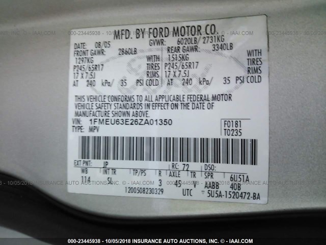 1FMEU63E26ZA01350 - 2006 FORD EXPLORER XLT SILVER photo 10