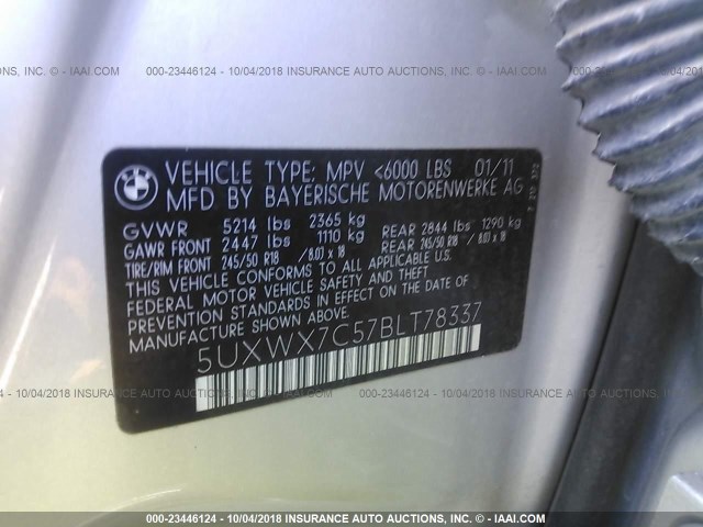 5UXWX7C57BLT78337 - 2011 BMW X3 XDRIVE35I GRAY photo 9