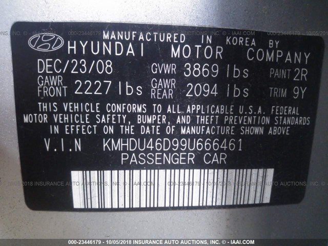 KMHDU46D99U666461 - 2009 HYUNDAI ELANTRA GLS/SE SILVER photo 9