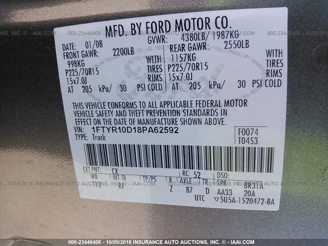 1FTYR10D18PA62592 - 2008 FORD RANGER GRAY photo 9