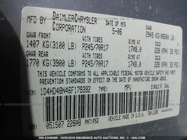 1D4HD48N46F179392 - 2006 DODGE DURANGO SLT Boz foto 9