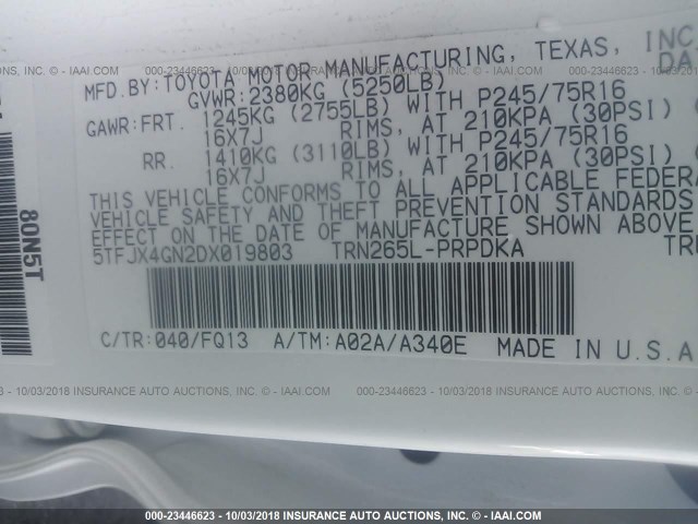 5TFJX4GN2DX019803 - 2013 TOYOTA TACOMA DOUBLE CAB 白色 照片 9