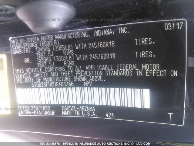 5TDBZRFH0HS401766 - 2017 TOYOTA HIGHLANDER LE/LE PLUS 黑色 照片 9