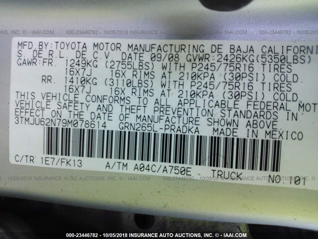 3TMJU62N79M078614 - 2009 TOYOTA TACOMA DOUBLE CAB PRERUNNER SILVER photo 9