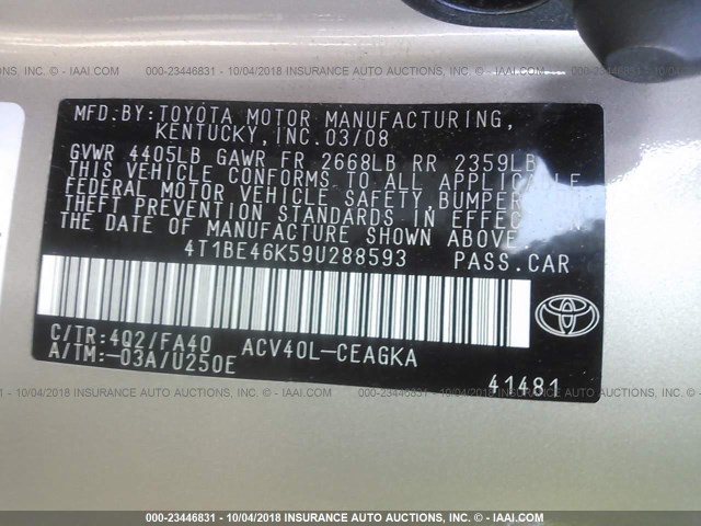 4T1BE46K59U288593 - 2009 TOYOTA CAMRY SE/LE/XLE 金色 照片 9