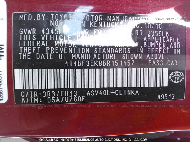 4T4BF3EK8BR151457 - 2011 TOYOTA CAMRY SE/LE/XLE RED photo 9