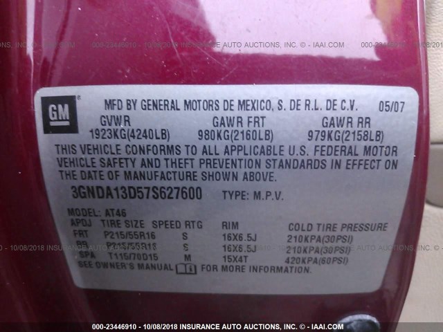 3GNDA13D57S627600 - 2007 CHEVROLET HHR LS Burdeos foto 9