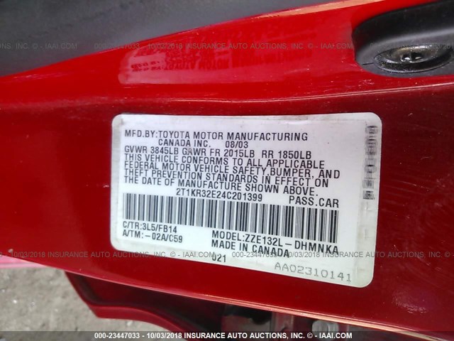 2T1KR32E24C201399 - 2004 TOYOTA COROLLA MATRIX XR RED photo 9