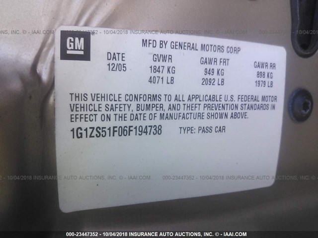 1G1ZS51F06F194738 - 2006 CHEVROLET MALIBU LS ოქროსფერი ფოტო 9