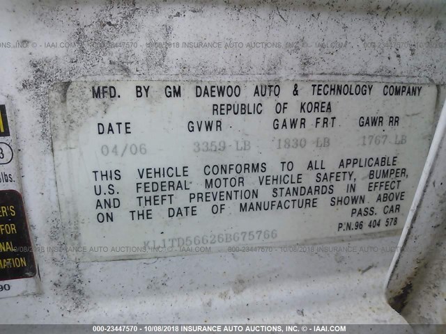 KL1TD56626B675766 - 2006 CHEVROLET AVEO LS WHITE photo 9