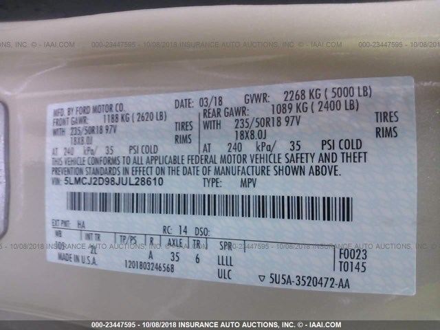 5LMCJ2D98JUL28610 - 2018 LINCOLN MKC SELECT 奶油色 照片 9