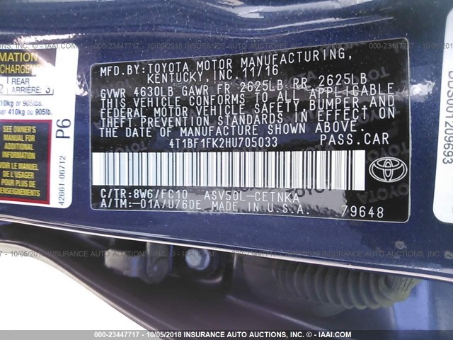 4T1BF1FK2HU705033 - 2017 TOYOTA CAMRY LE/XLE/SE/XSE BLUE photo 9