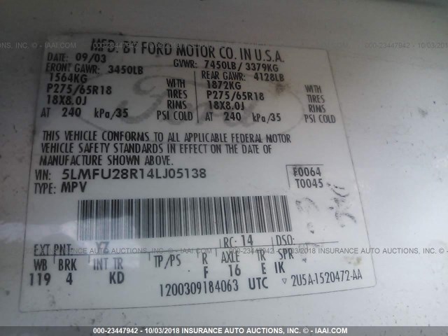 5LMFU28R14LJ05138 - 2004 LINCOLN NAVIGATOR Biały zdjęcie 9