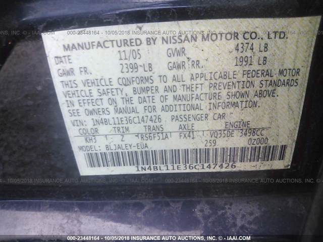 1N4BL11E36C147426 - 2006 NISSAN ALTIMA SE/SL/SE-R BLACK photo 9