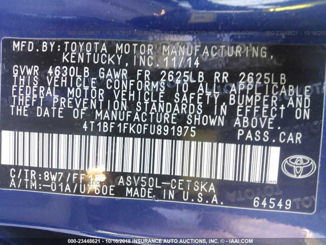 4T1BF1FK0FU891975 - 2015 TOYOTA CAMRY LE/XLE/SE/XSE 蓝色 照片 9