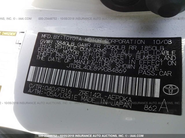 JTDBL40E899084869 - 2009 TOYOTA COROLLA LE/XLE WHITE photo 9