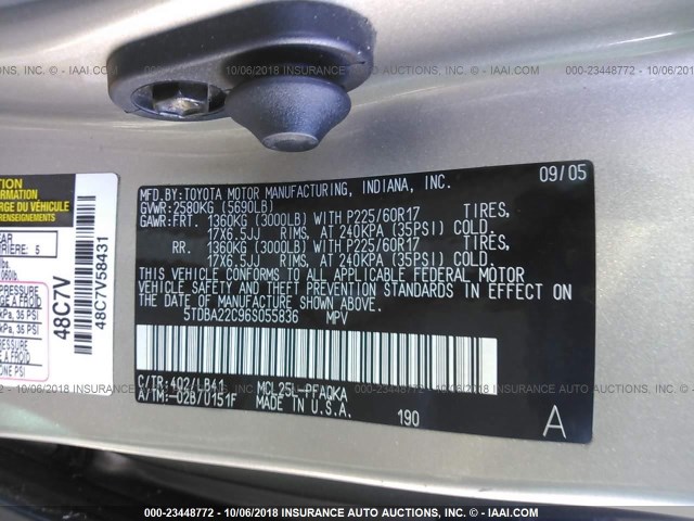 5TDBA22C96S055836 - 2006 TOYOTA SIENNA XLE/XLE LIMITED GOLD photo 9