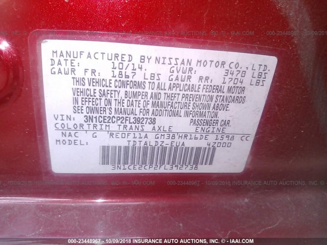 3N1CE2CP2FL392738 - 2015 NISSAN VERSA NOTE S/S PLUS/SV/SL/SR RED photo 9